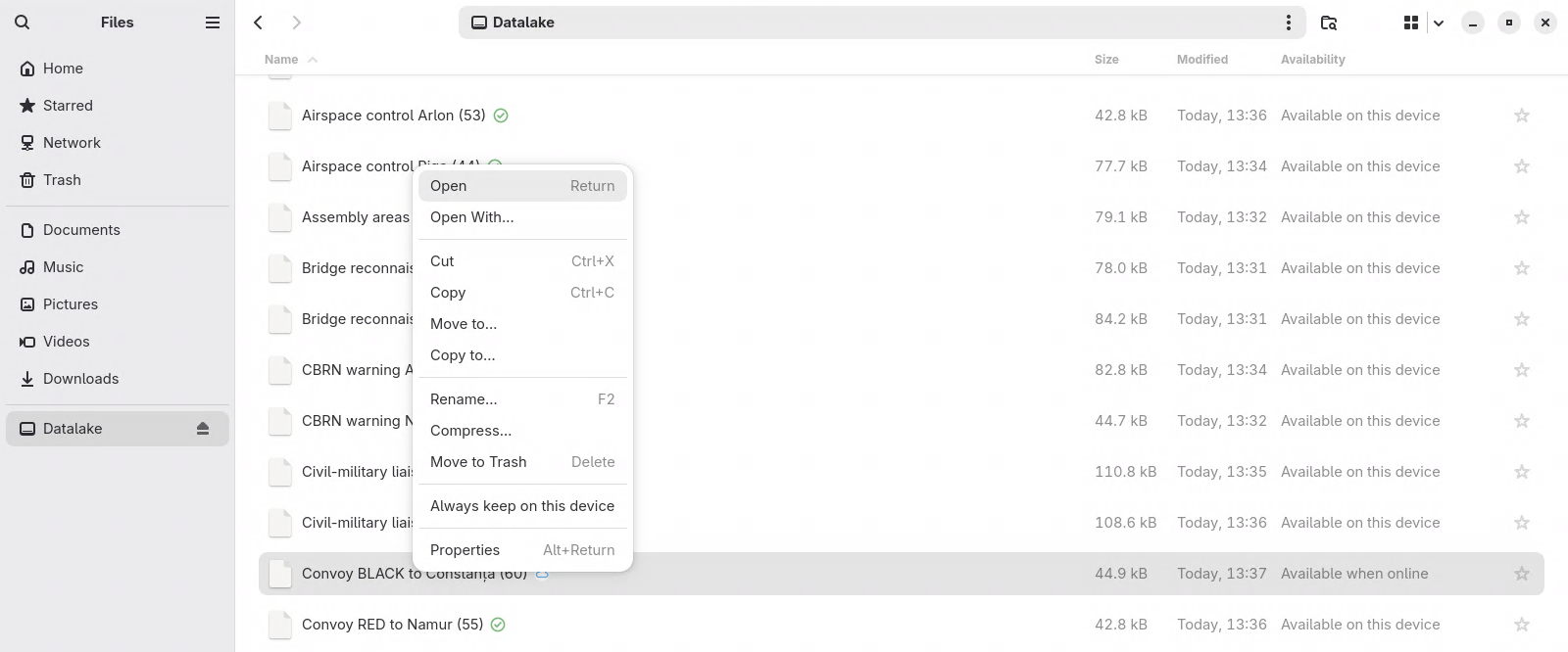 The Datalake folder in the Linux file manager. An Availability column shows whether each document is on this device or available when online, and the context menu offers Always keep on this device.