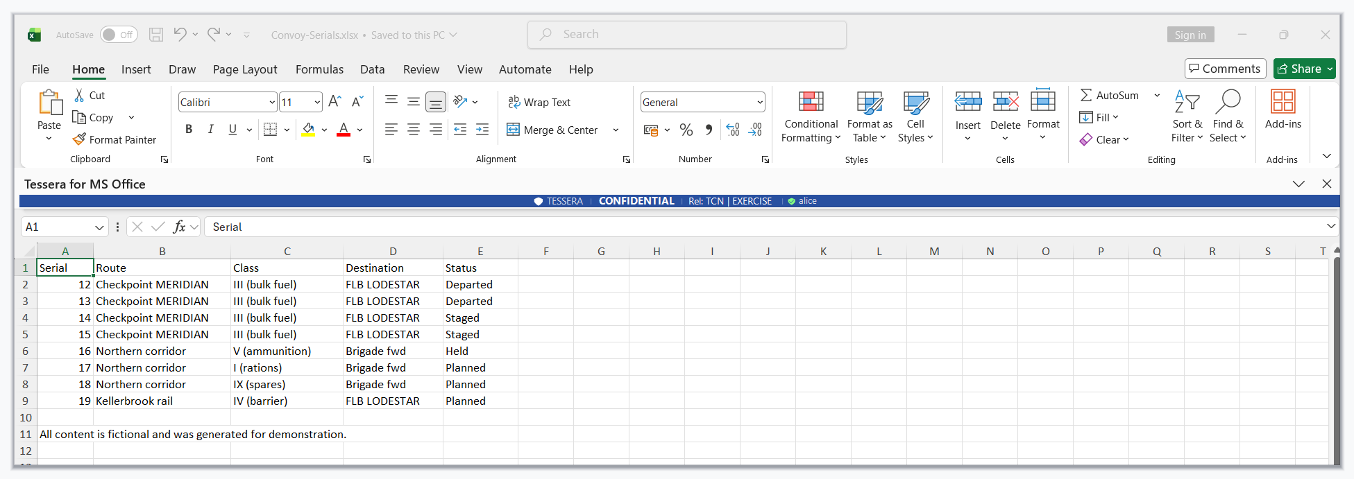 Microsoft Excel showing a labelled workbook with a blue Tessera banner reading TESSERA, CONFIDENTIAL, Rel TCN, EXERCISE, and the signed-in user.