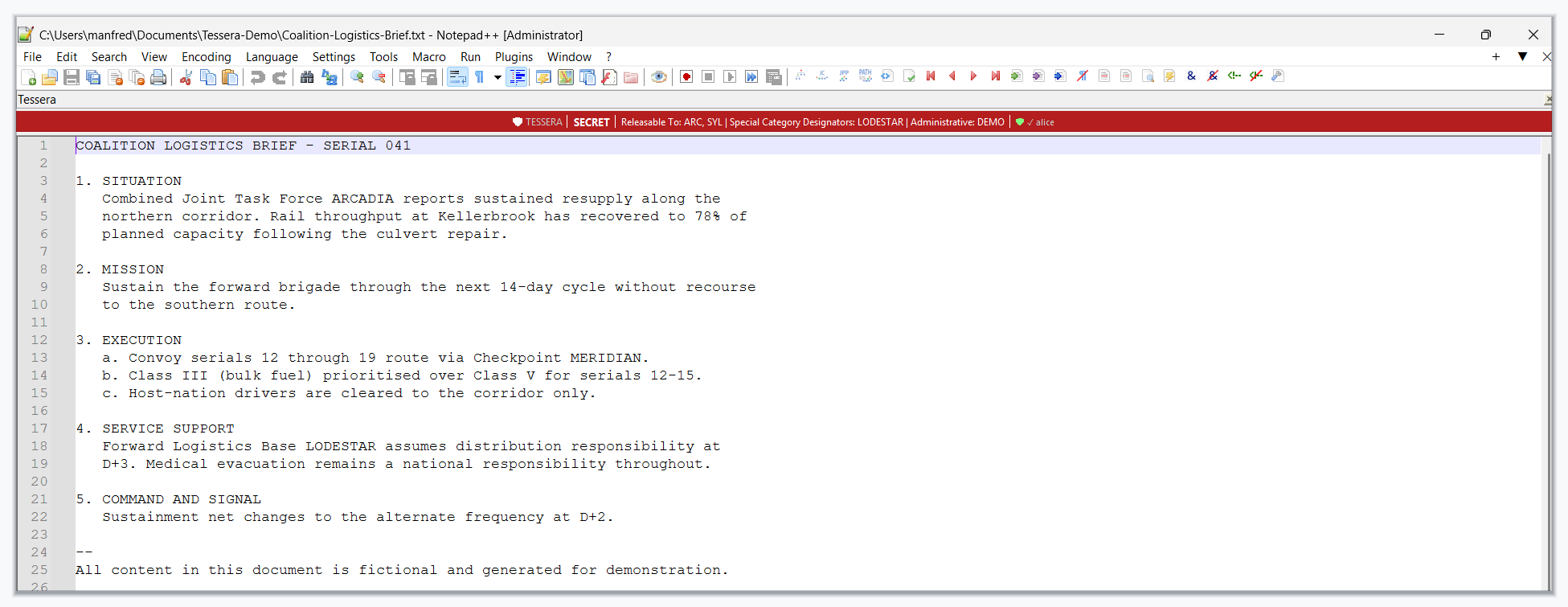 Notepad++ showing a document under the TESSERA demonstration policy, with a red classification banner above the text reading TESSERA, SECRET, Releasable To ARC and SYL, Special Category Designators LODESTAR, Administrative DEMO, and the signed-in user.