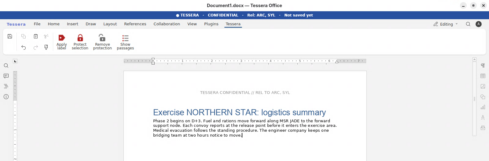 Tessera Office on Linux with a document labelled TESSERA CONFIDENTIAL, releasable to ARC and SYL. The banner shows the marking, and the page header carries the same marking.