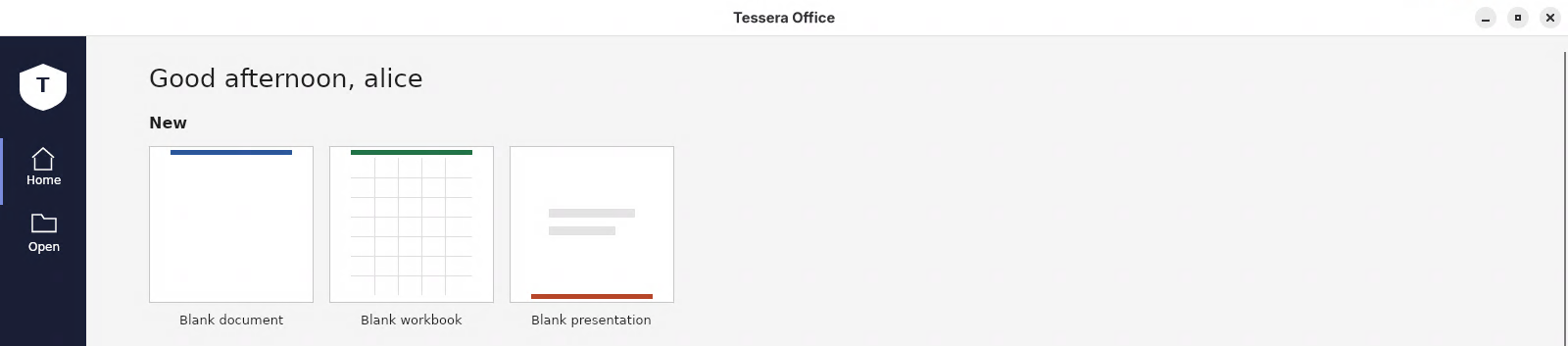 The Tessera Office start page with options to create a blank document, workbook or presentation.