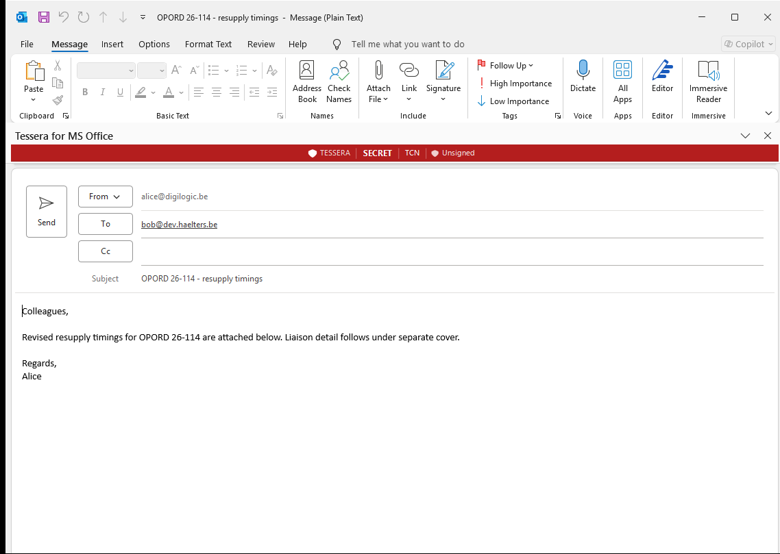 Microsoft Outlook composing a message, with the Tessera pane docked above it: a red banner reading TESSERA, SECRET, TCN, and Unsigned.